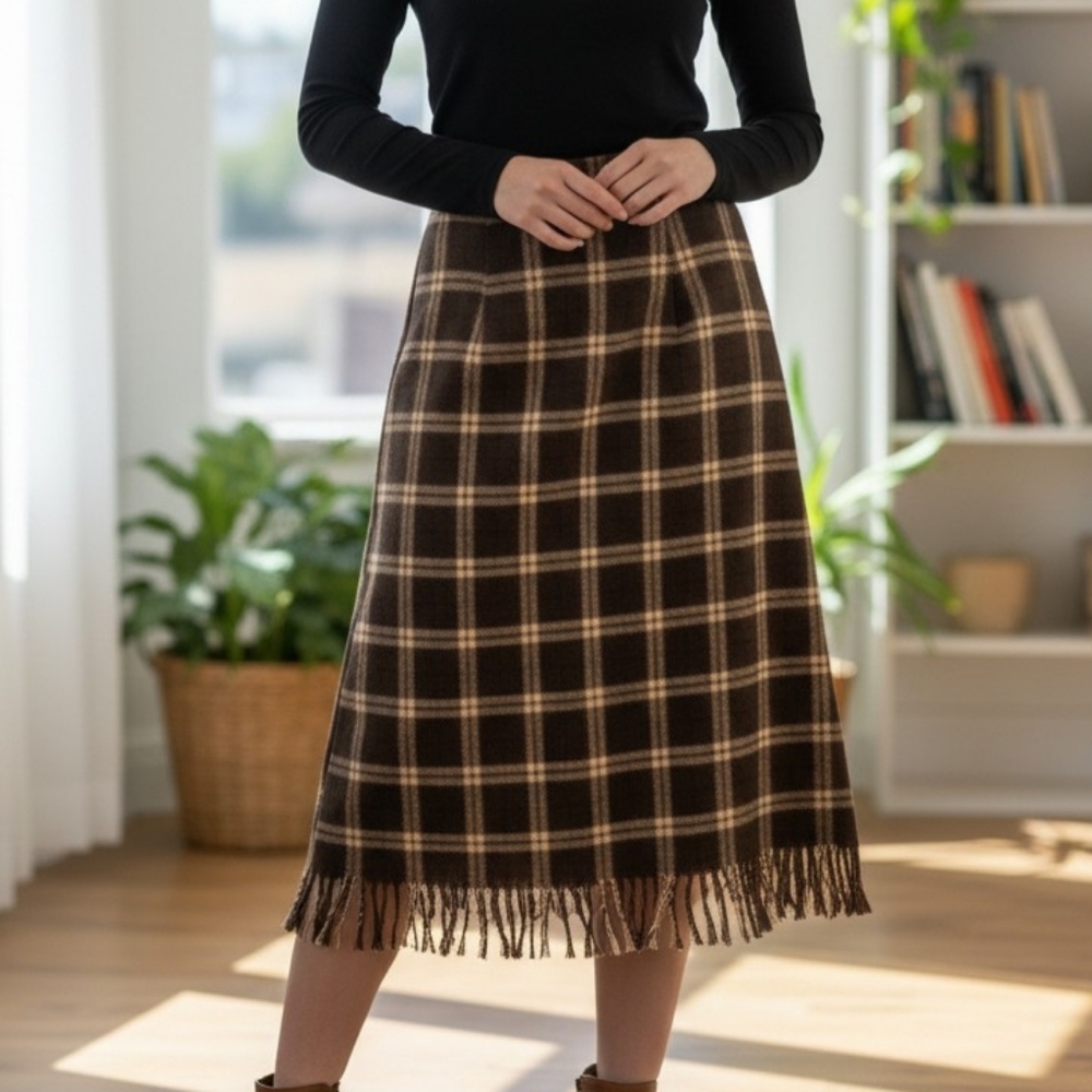 Briggs Plaid Fringe Midi Skirt - Brown/Beige. Sz 10
